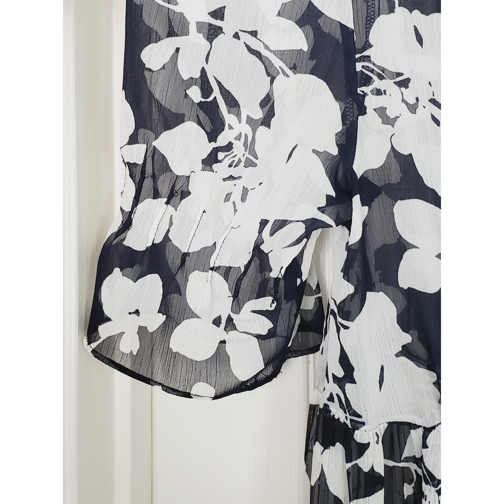 Tommy Hilfiger SHEER Maxi Dress Navy White Floral Chiffon Tiered Short Sleeve 18 - Picture 3 of 7